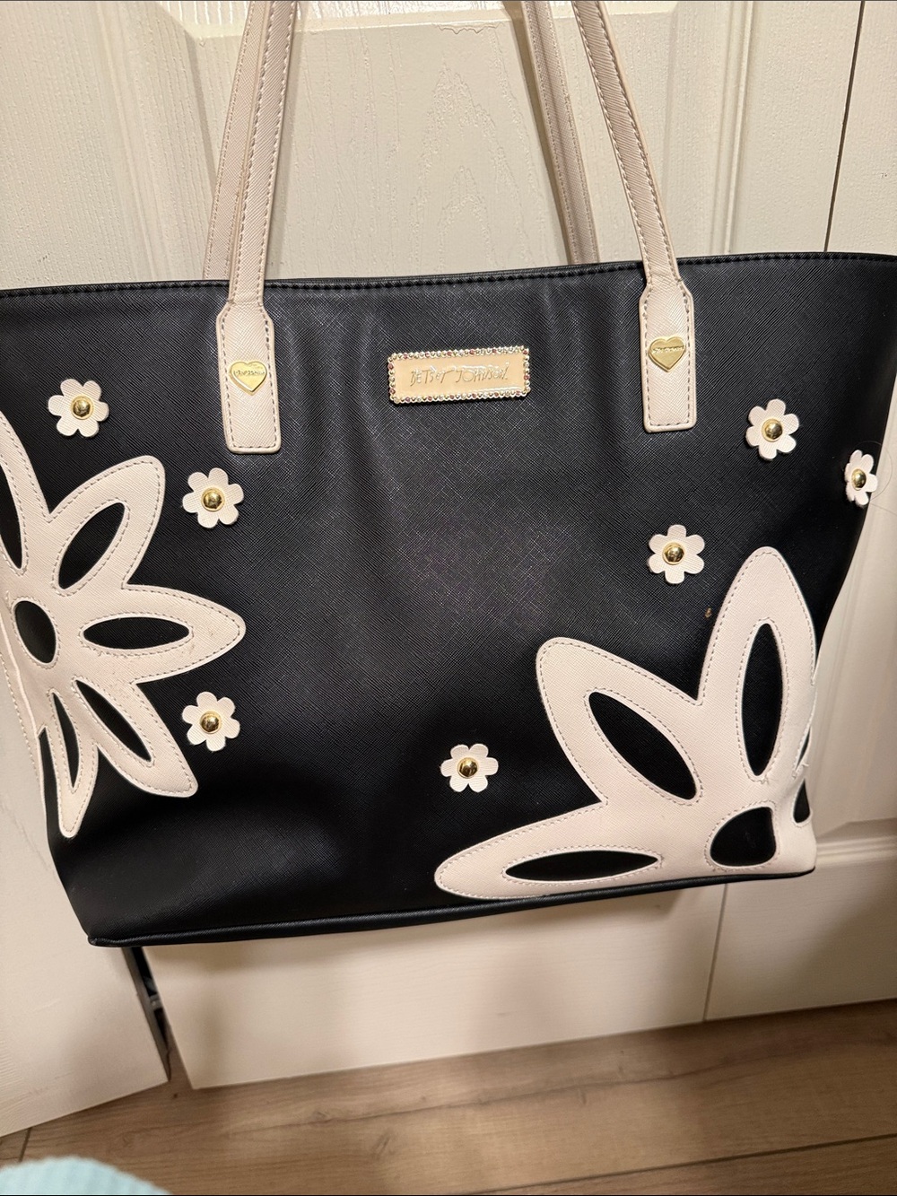 18x12 Betsey Johnson Black Tote with Cream Floral Cutouts